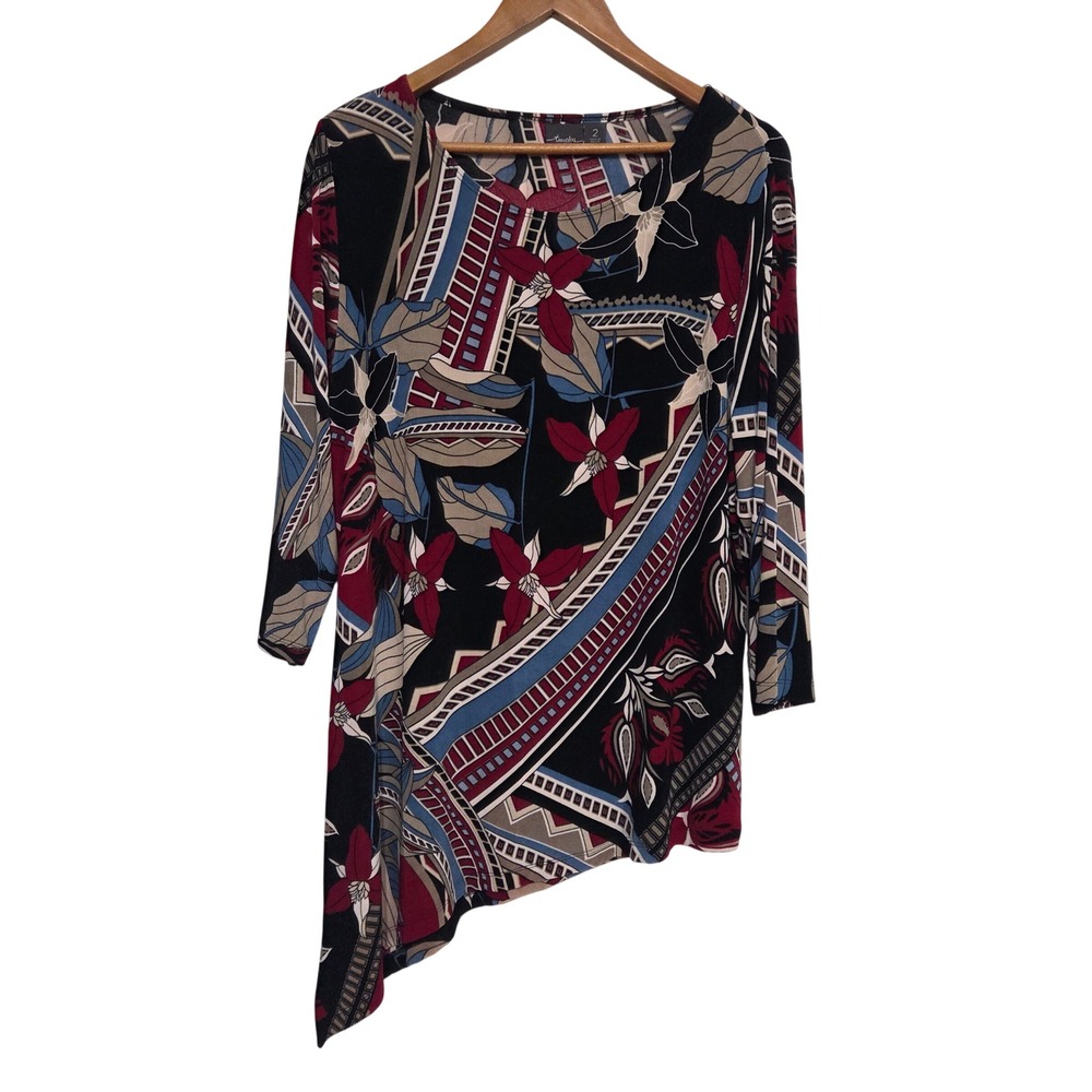 Chicos Travelers Floral Asymmetrical Sharkbite Hem Tunic Top Shirt Size 2 Large